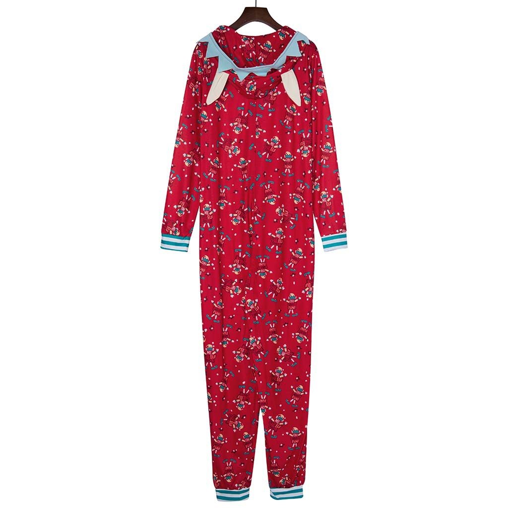 Red family Christmas onesie with an elf print and a hood with elf ears