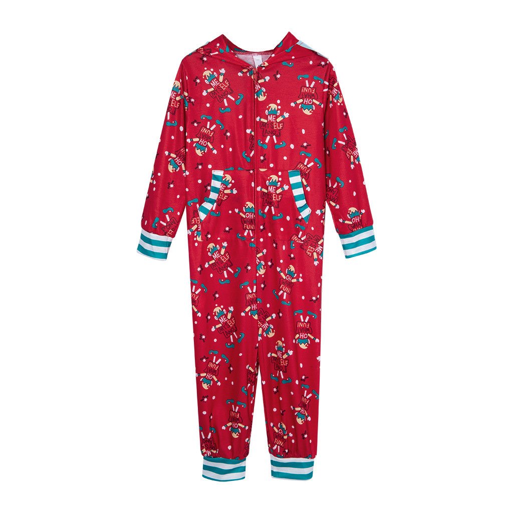 Red family Christmas onesie with an elf print and a hood with elf ears