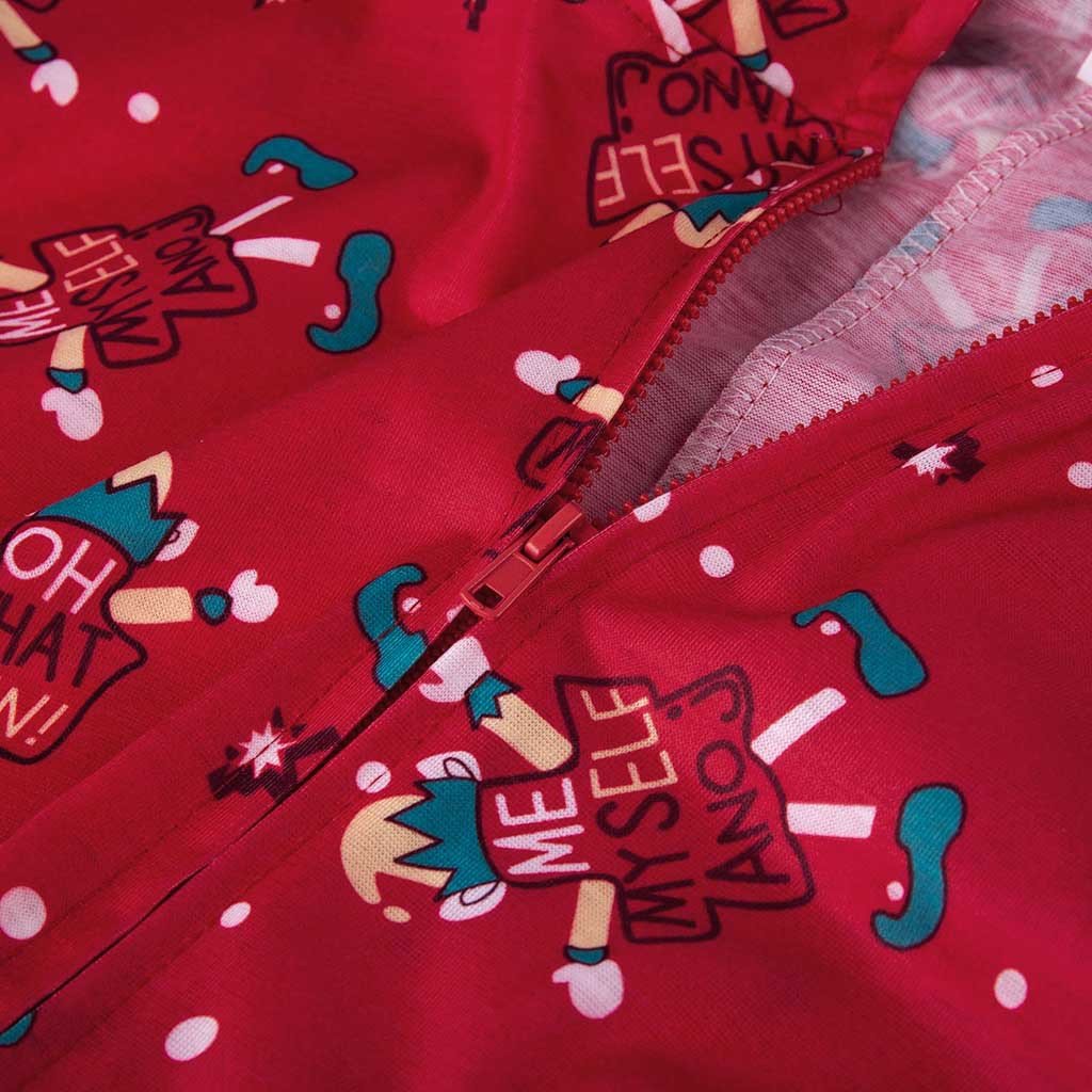 Red family Christmas onesie with an elf print and a hood with elf ears