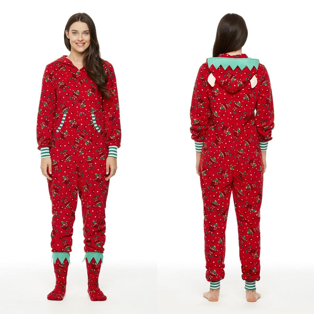 Red family Christmas onesie with an elf print and a hood with elf ears