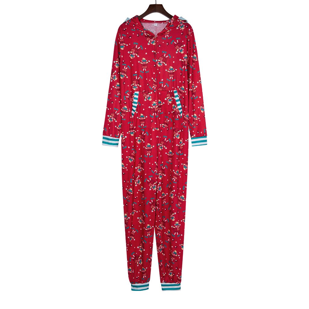 Red family Christmas onesie with an elf print and a hood with elf ears