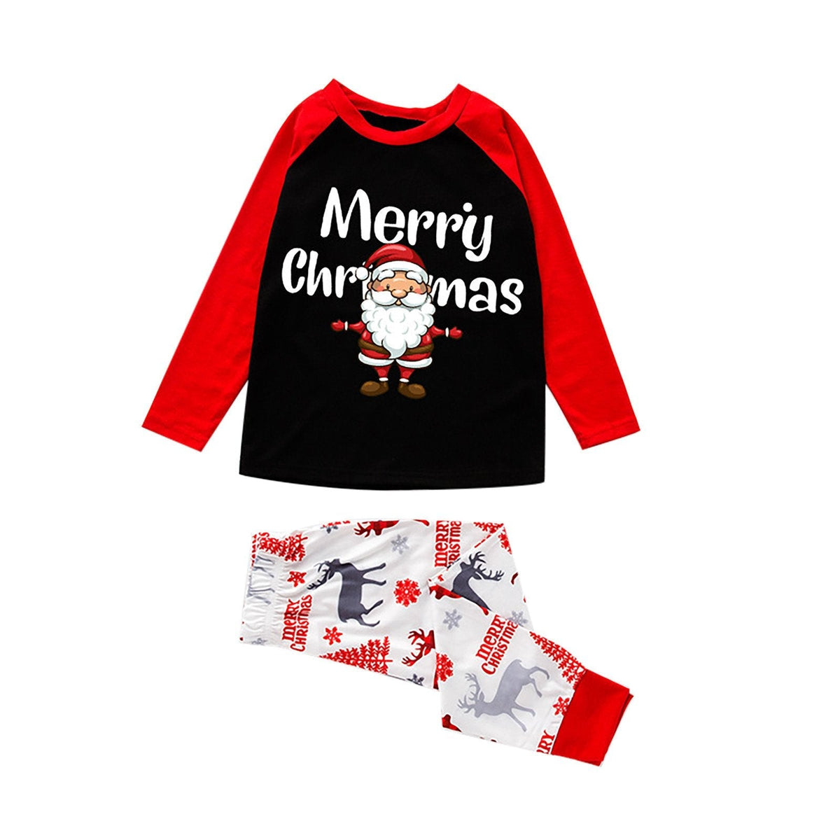 Matching family Christmas pyjamas with a Santa top and white reindeer bottoms