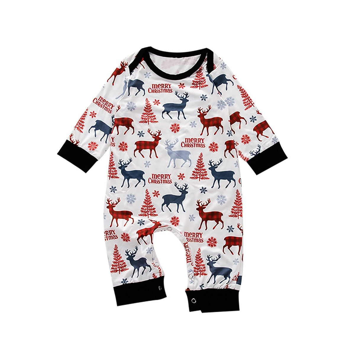 Matching family Christmas pyjamas with a Santa top and white reindeer bottoms