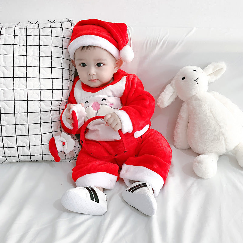 Red plush Father Christmas babygrow with a white beard and a matching hat