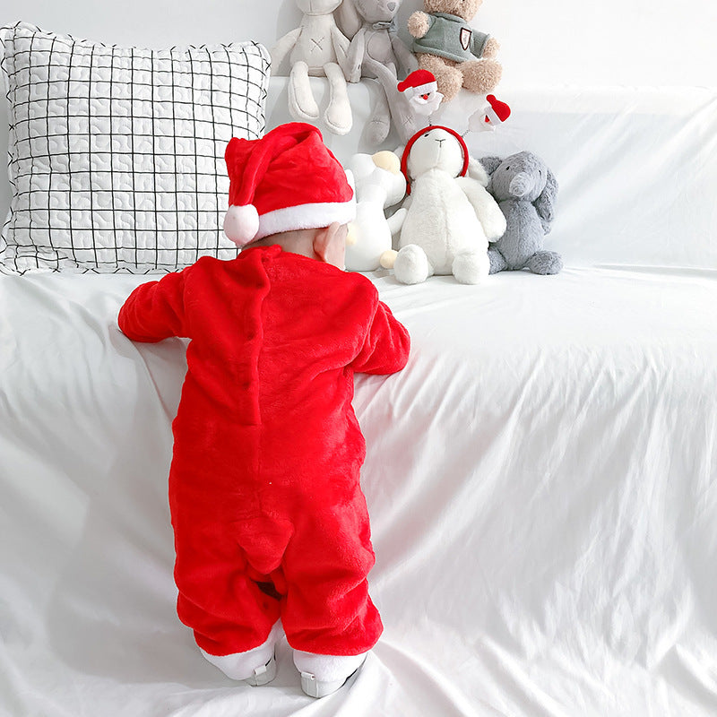 Red plush Father Christmas babygrow with a white beard and a matching hat