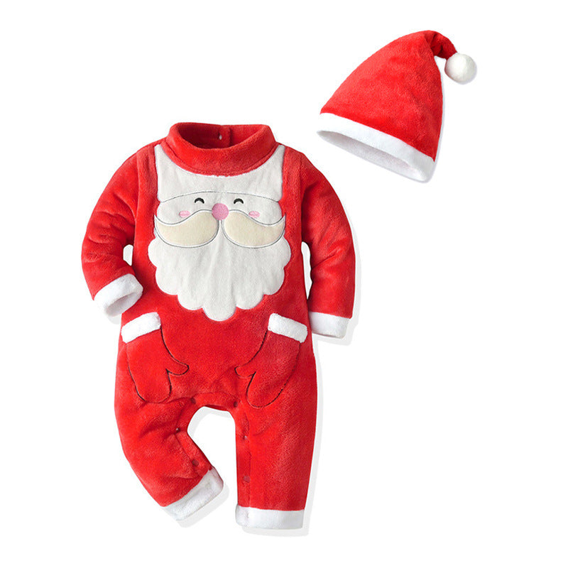 Red plush Father Christmas babygrow with a white beard and a matching hat