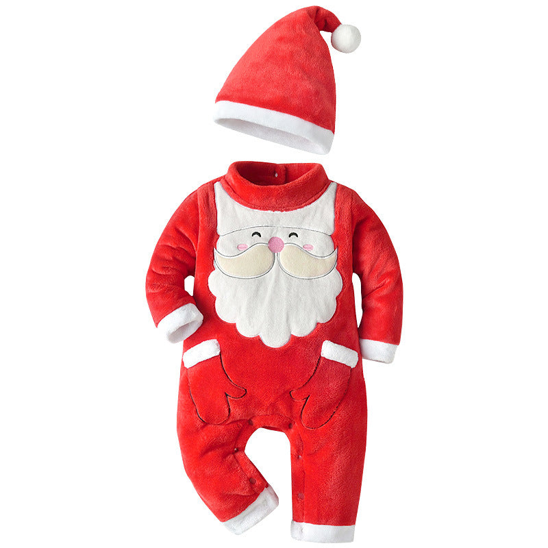 Red plush Father Christmas babygrow with a white beard and a matching hat