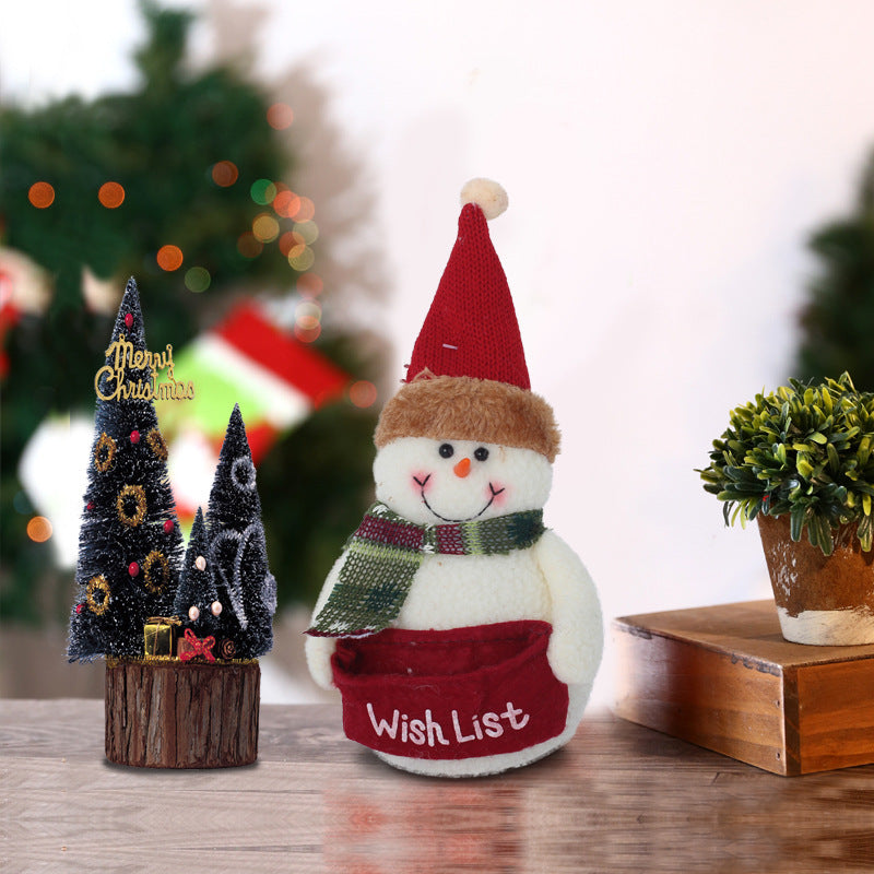 Plush Father Christmas and snowman in knitted hats, each with a Wish List pouch
