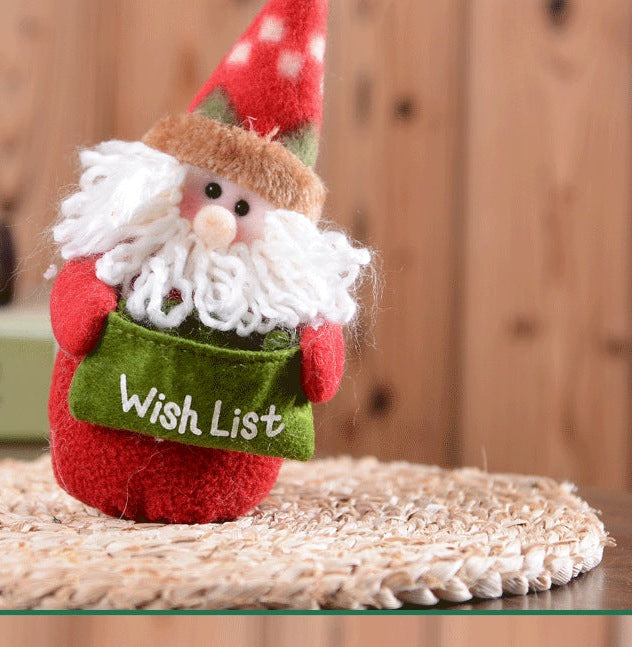 Plush Father Christmas and snowman in knitted hats, each with a Wish List pouch