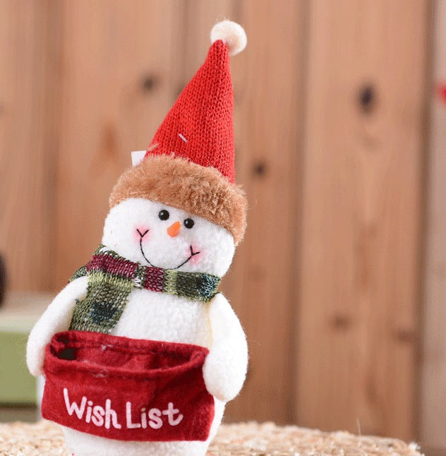 Plush Father Christmas and snowman in knitted hats, each with a Wish List pouch