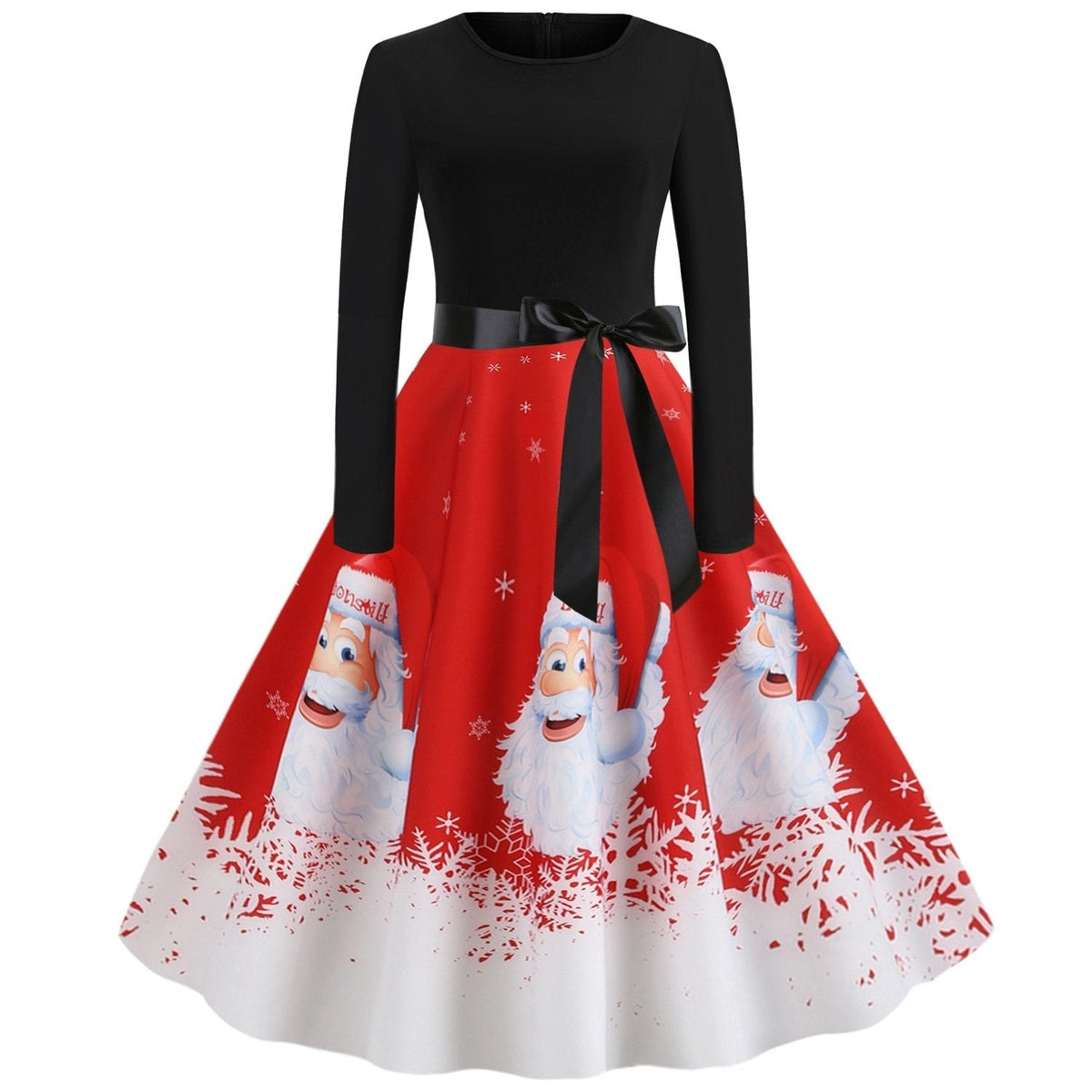 Women's Christmas swing dress with Father Christmas faces and a snowflake hem - red father christmas