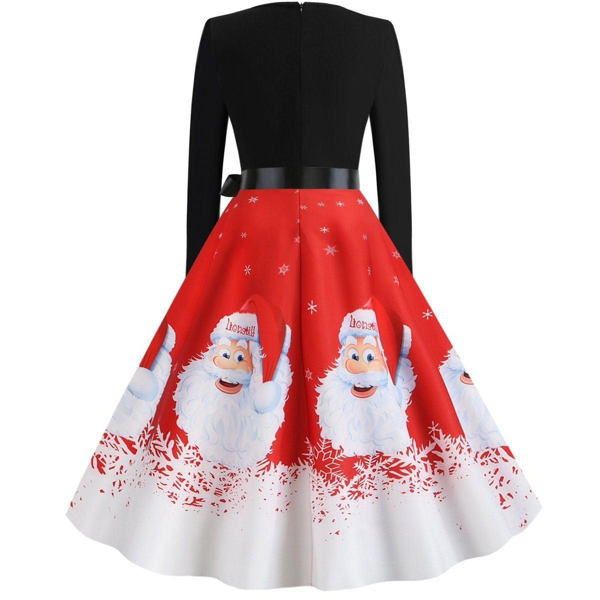 Women's Christmas swing dress with Father Christmas faces and a snowflake hem