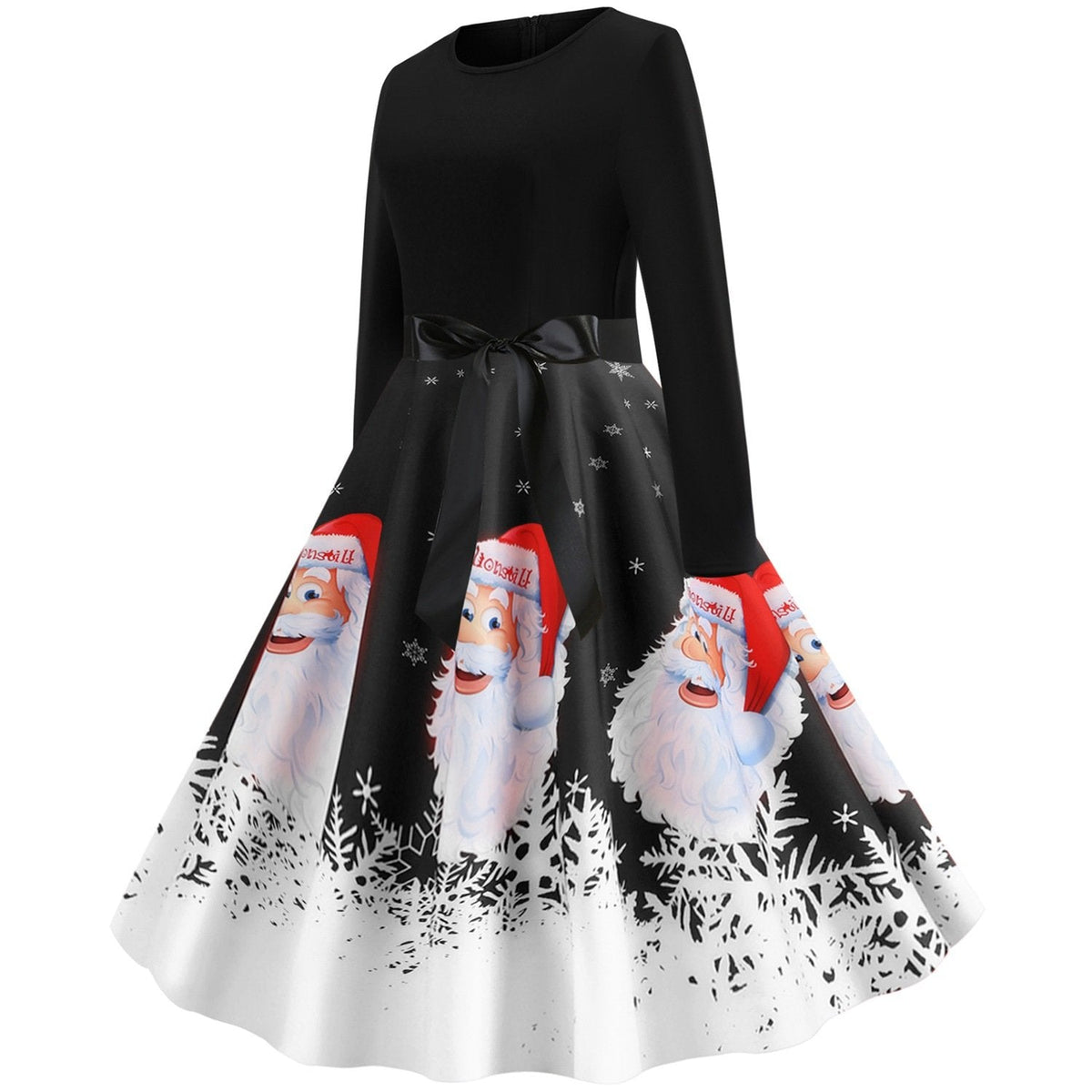 Women's Christmas swing dress with Father Christmas faces and a snowflake hem