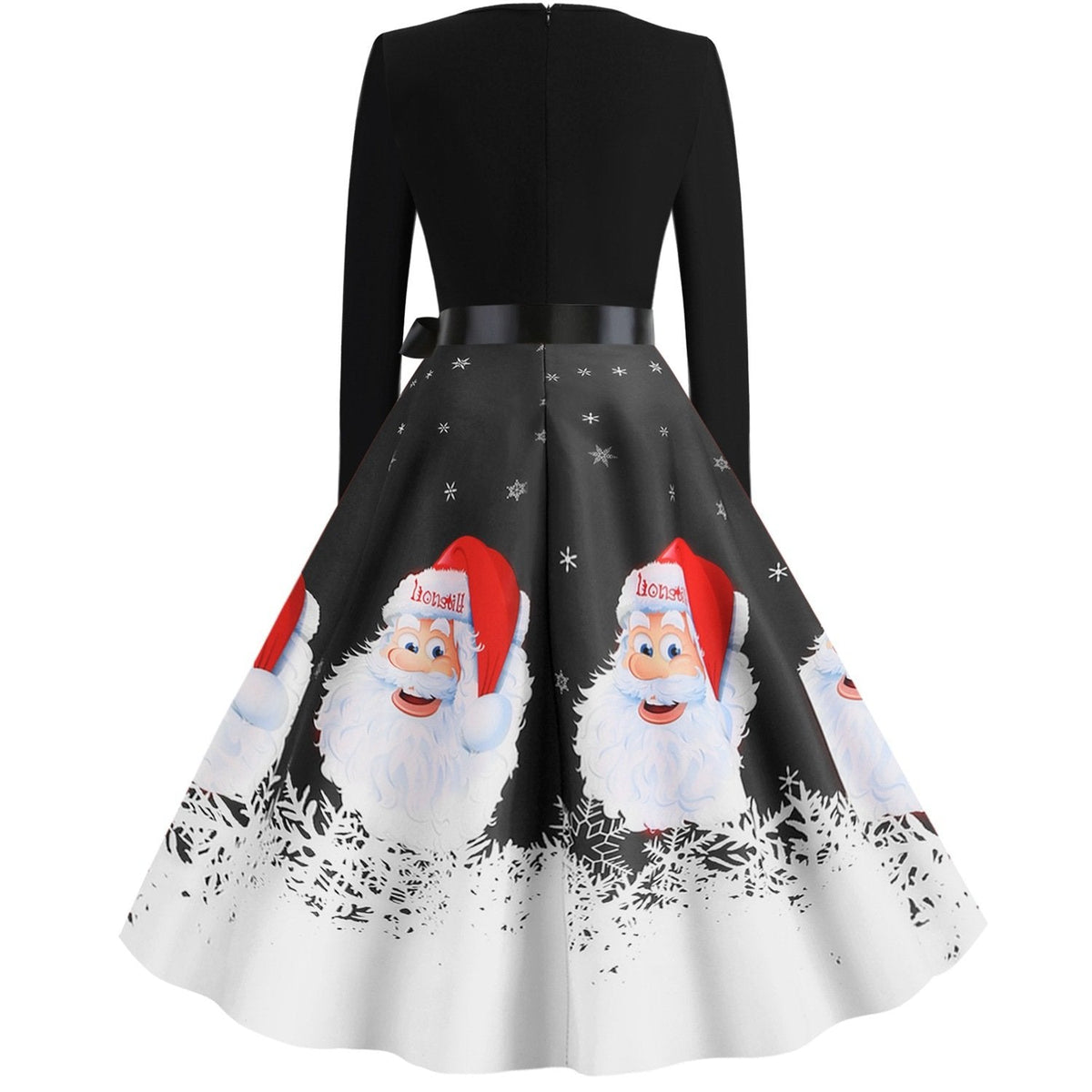 Women's Christmas swing dress with Father Christmas faces and a snowflake hem