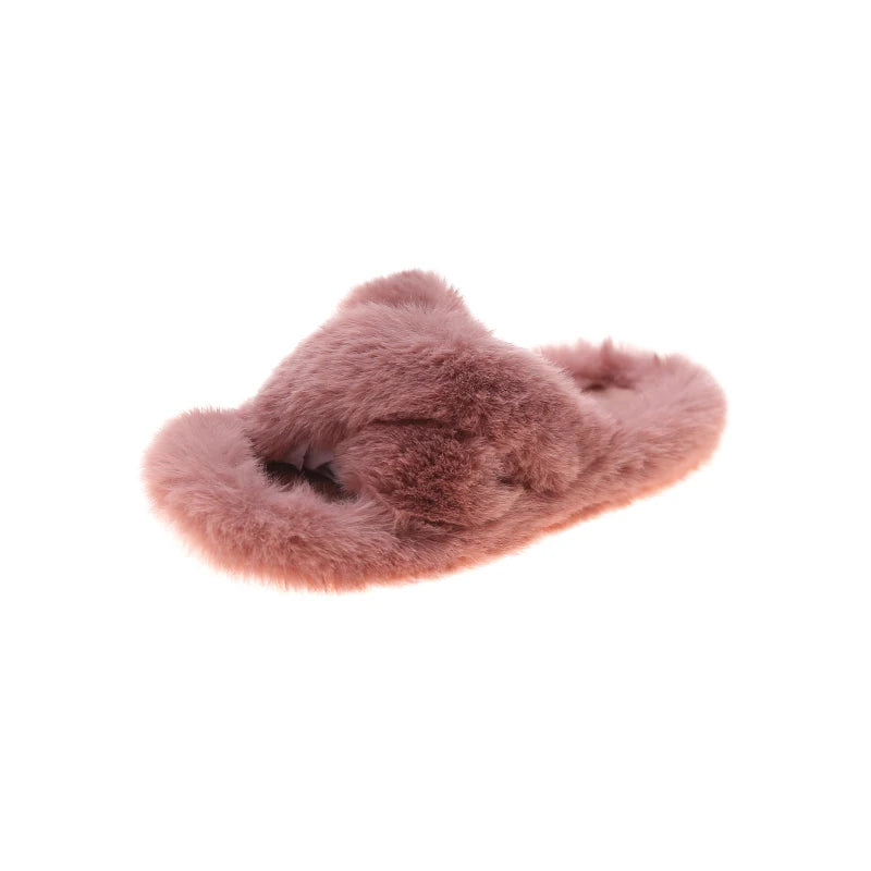 Slippers with crossed faux fur straps, open toe and flat sole - dusty pink