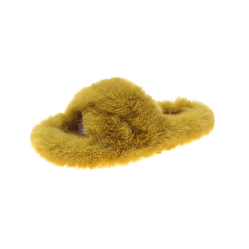Slippers with crossed faux fur straps, open toe and flat sole - mustard