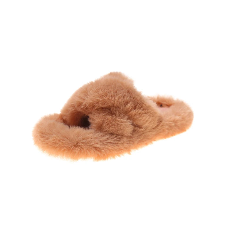 Slippers with crossed faux fur straps, open toe and flat sole - caramel