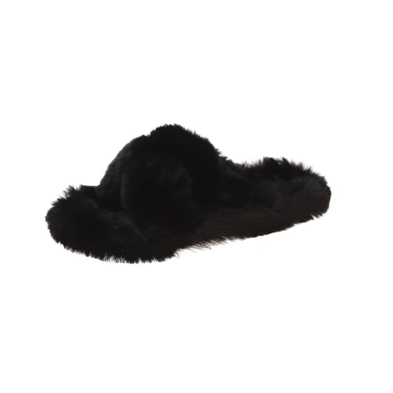 Slippers with crossed faux fur straps, open toe and flat sole - black