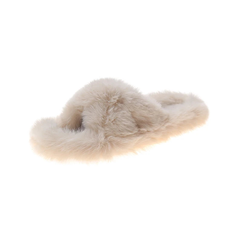 Slippers with crossed faux fur straps, open toe and flat sole - cream