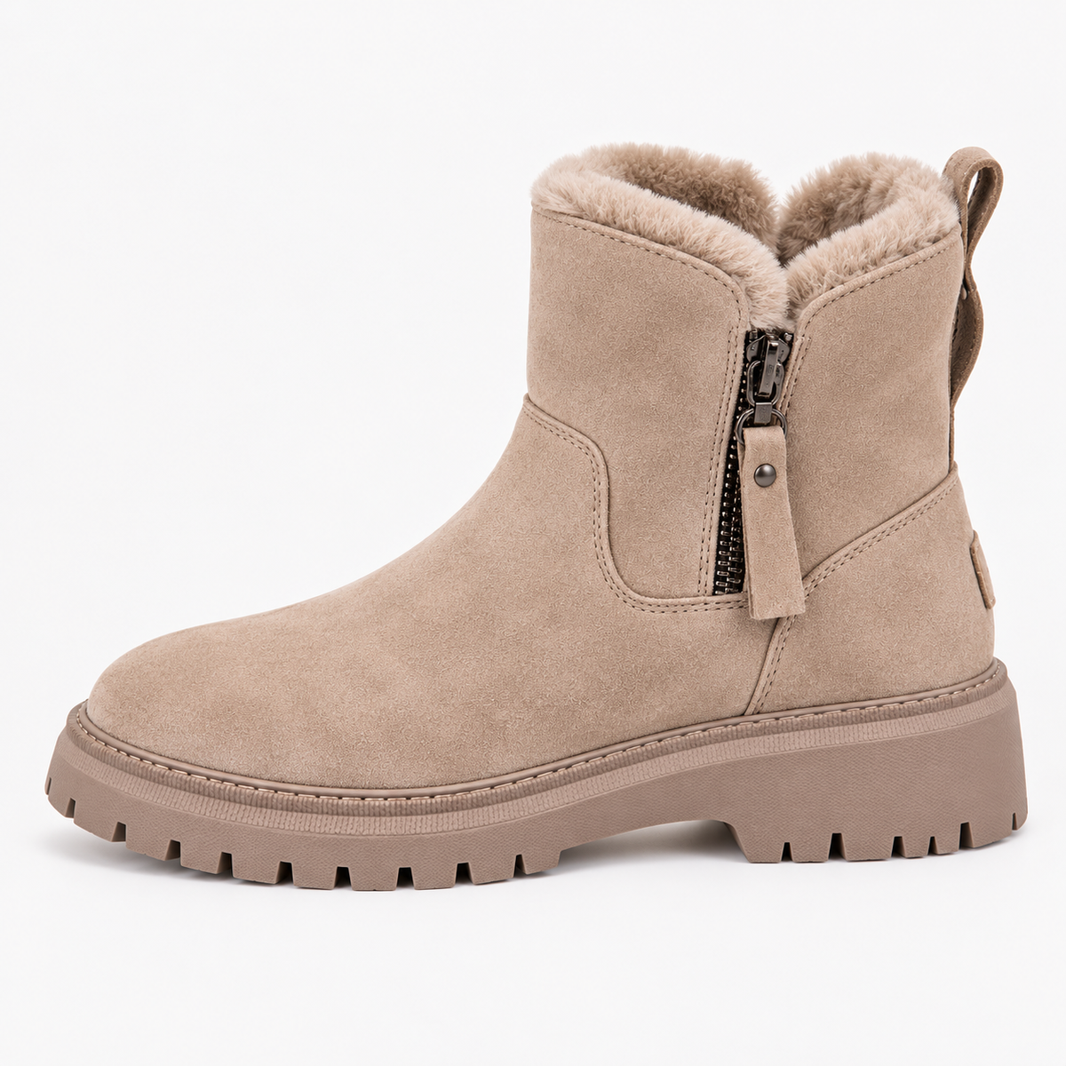 Women's suede-look ankle boots with a faux fur lining and side zip - taupe