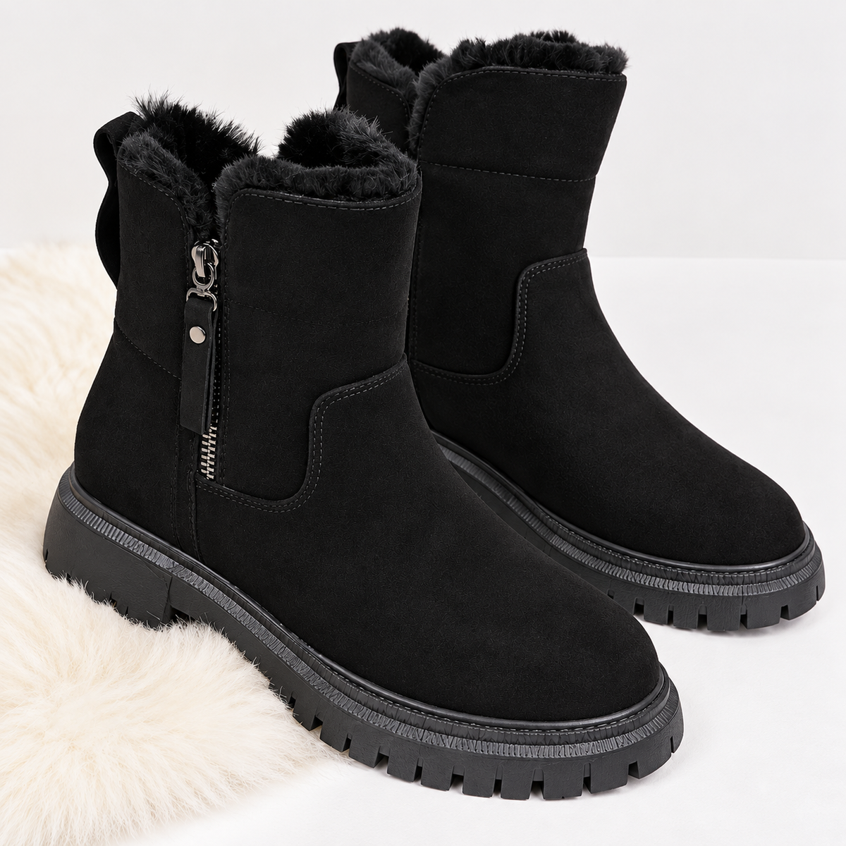 Women's suede-look ankle boots with a faux fur lining and side zip