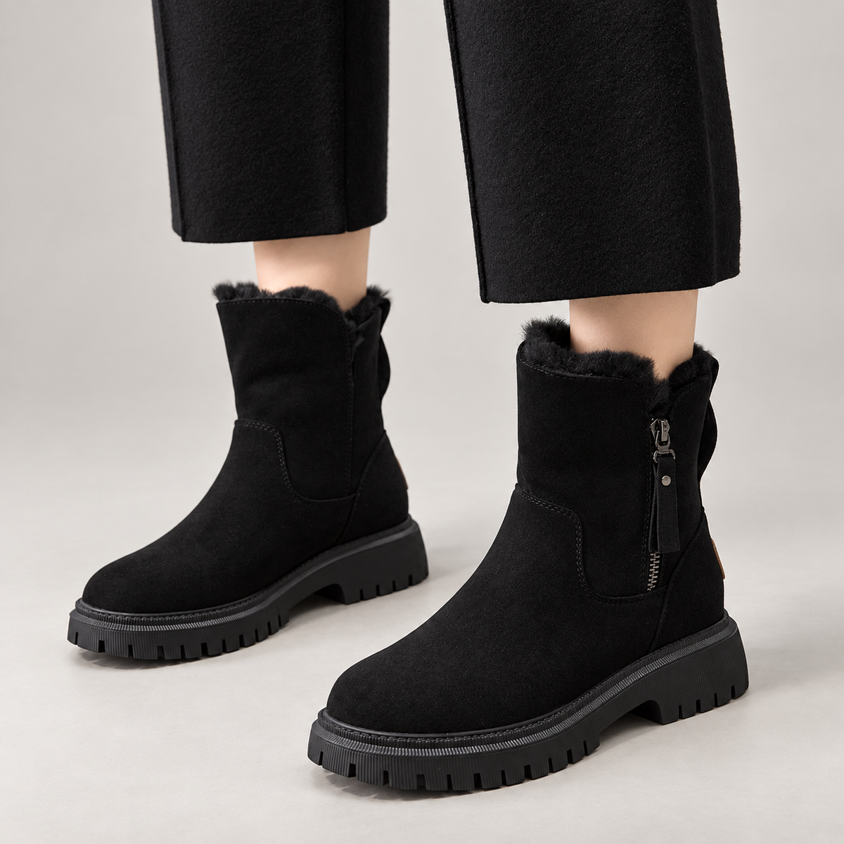 Women's suede-look ankle boots with a faux fur lining and side zip