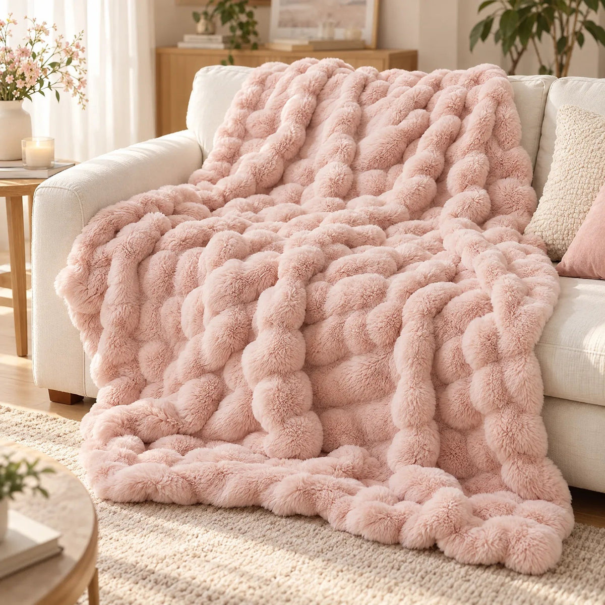 Faux fur throw with a soft bubble texture
