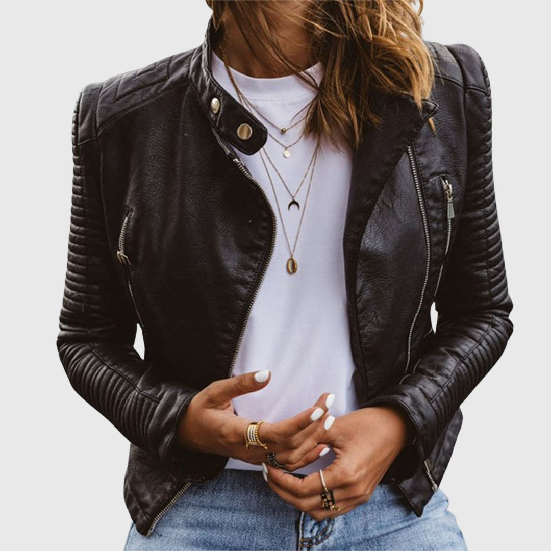 Women's black faux leather biker jacket with a stand collar - black
