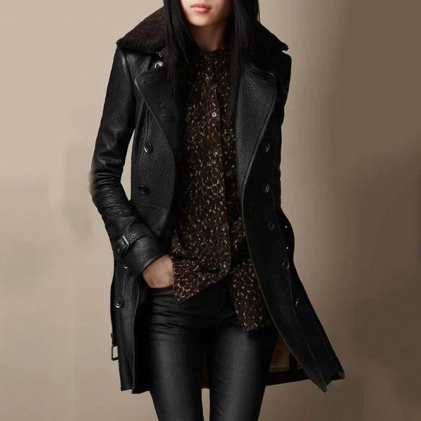 Women's black faux leather trench coat with a faux fur collar and belt