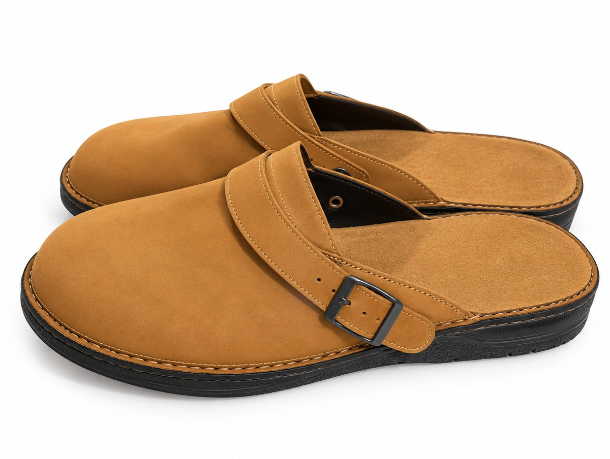 Faux suede mule clogs with an open back and adjustable buckle strap - tan