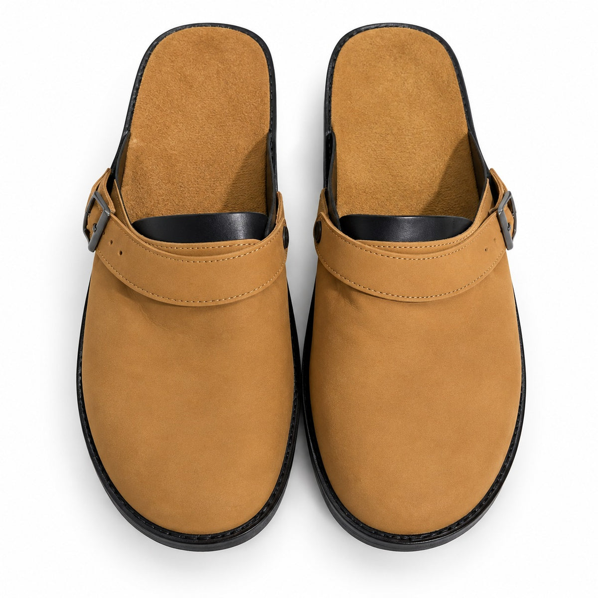 Faux suede mule clogs with an open back and adjustable buckle strap - view 2