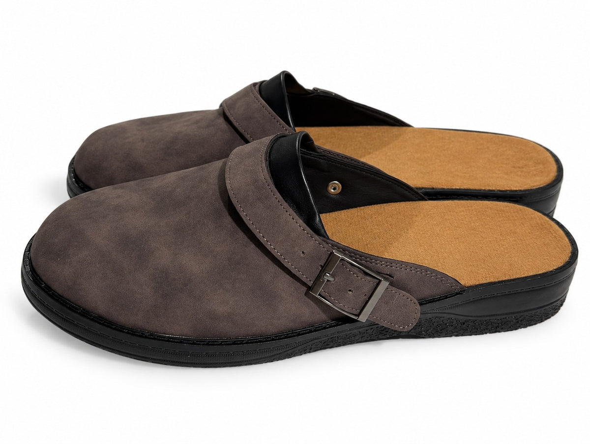 Faux suede mule clogs with an open back and adjustable buckle strap - mocha brown