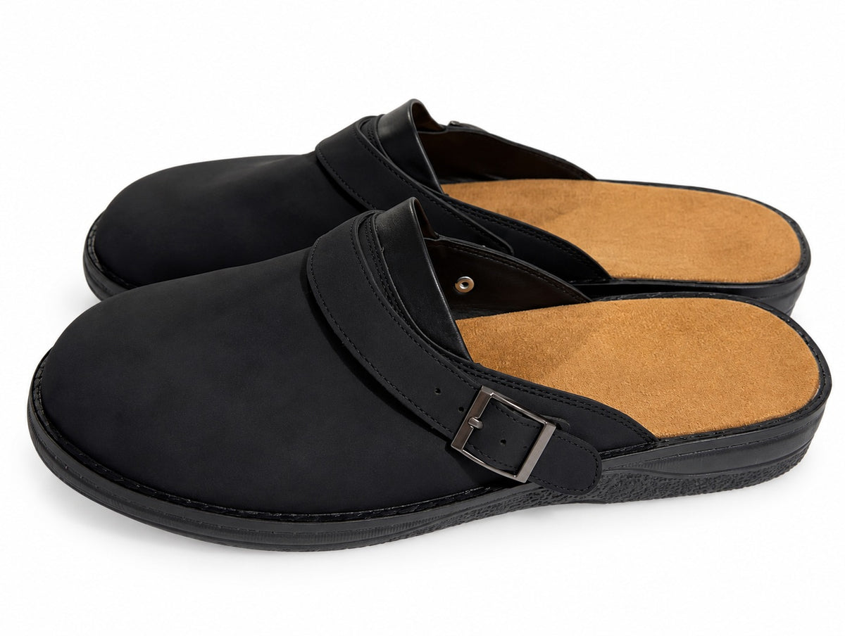 Faux suede mule clogs with an open back and adjustable buckle strap - black