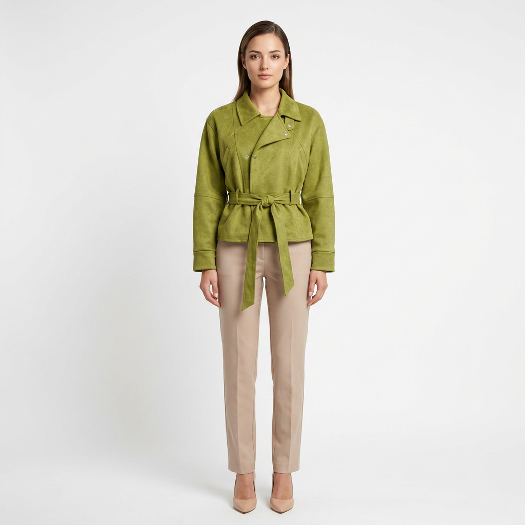 Olive faux suede jacket with a stand collar and a self-tie belt