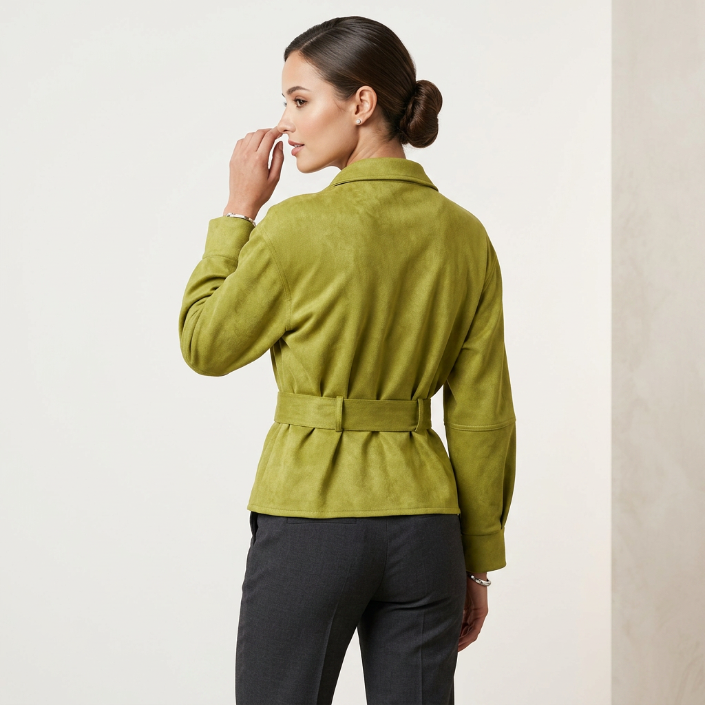 Olive faux suede jacket with a stand collar and a self-tie belt