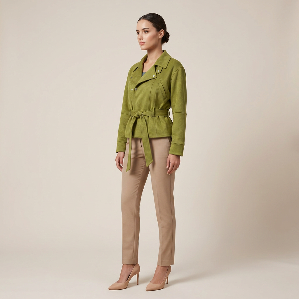 Olive faux suede jacket with a stand collar and a self-tie belt