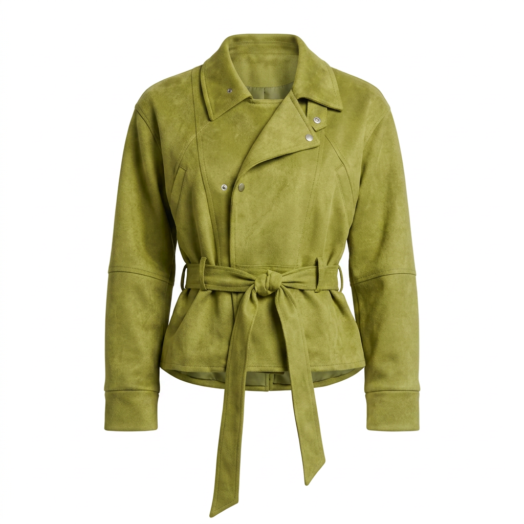 Olive faux suede jacket with a stand collar and a self-tie belt