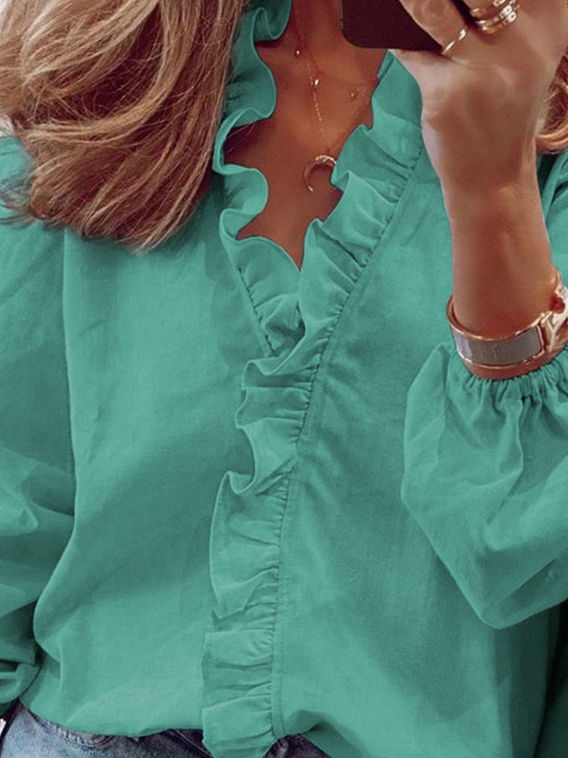 Women's ruffled V-neck blouse - detail