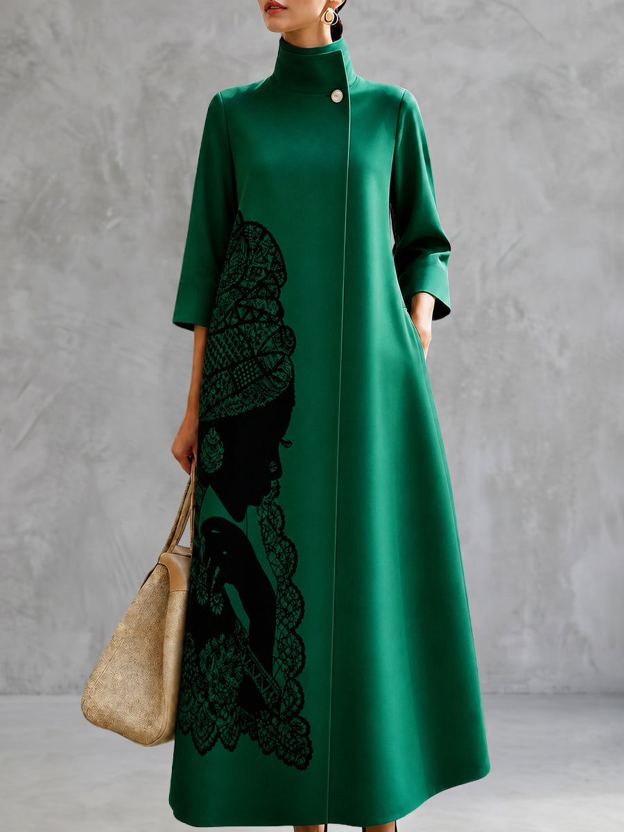 Swing coat with a large lace-style print, high neck and wide skirt in green