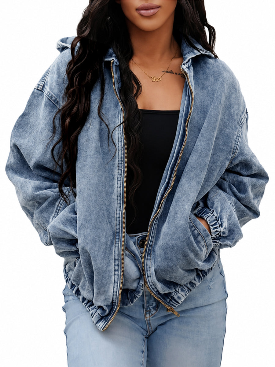 Light wash hooded denim jacket with a zip front and gathered cuffs