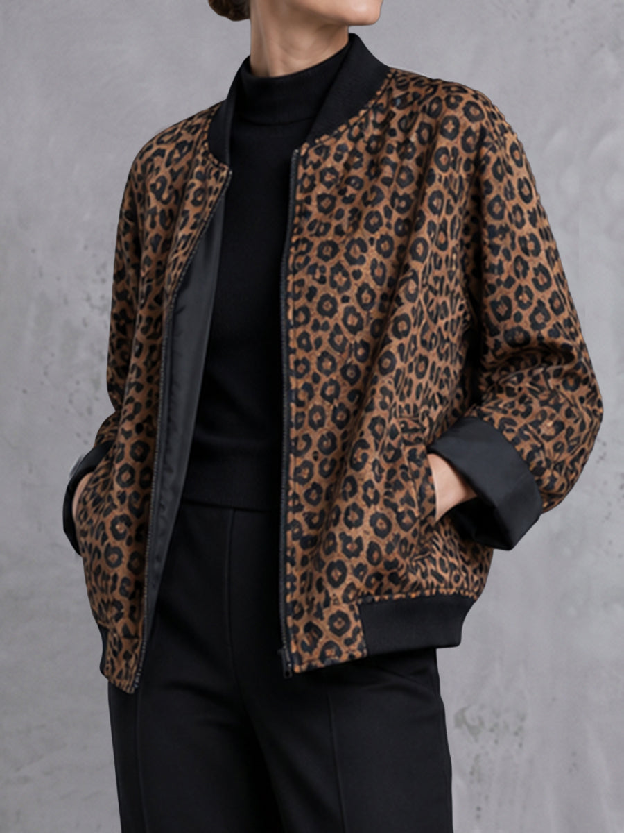 Leopard print bomber jacket with black ribbed collar, cuffs and hem in leopard print