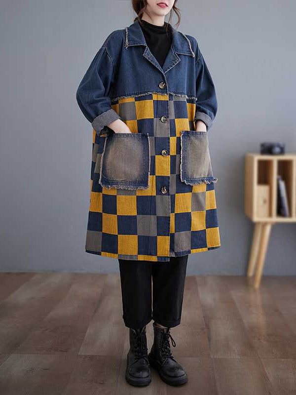 Longline denim jacket with a yellow and navy checkerboard panel