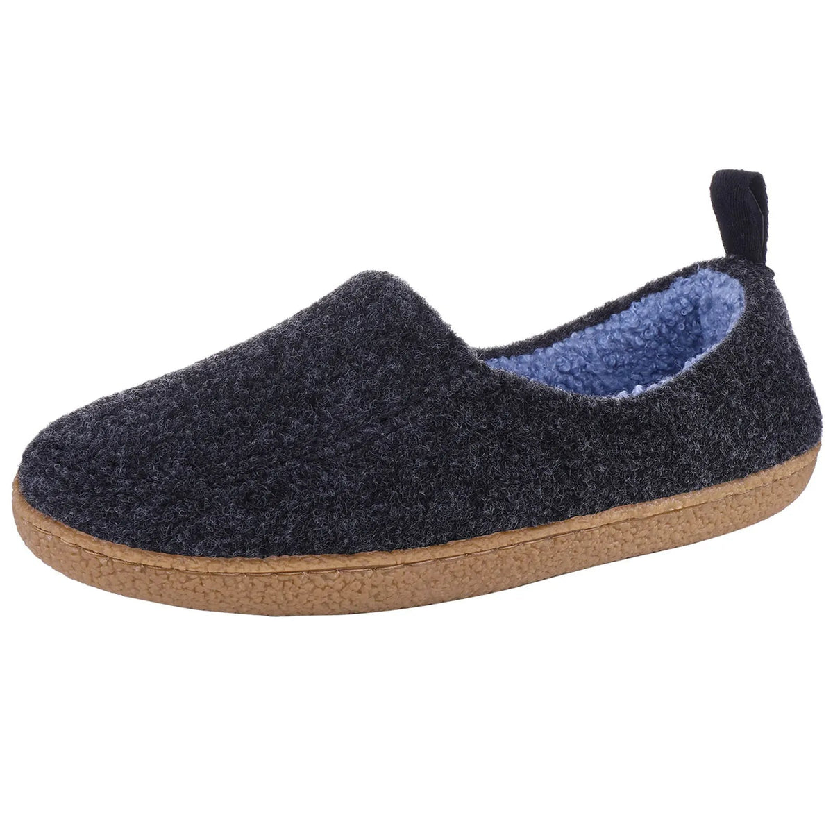 Felt slippers with a teddy lining in a contrasting colour, heel loop and rubber sole - charcoal