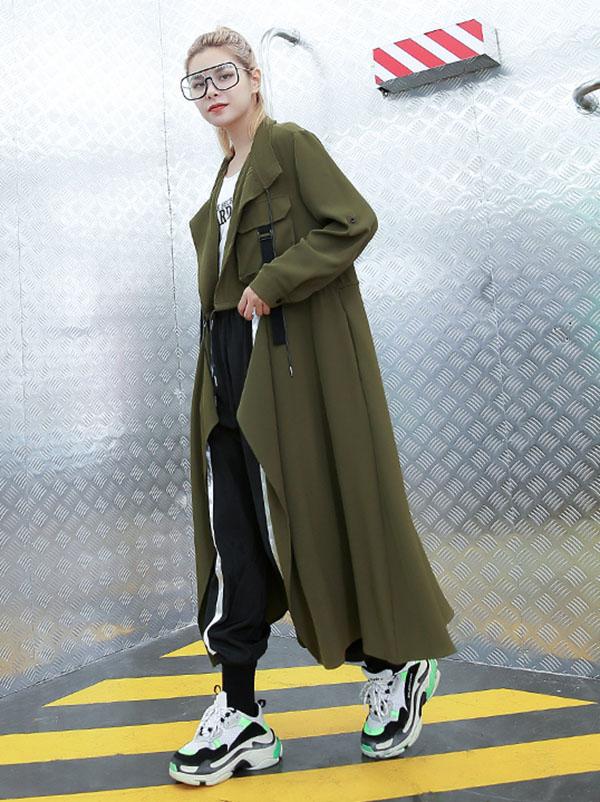 Longline duster coat with a draped lapel and a drawstring waist