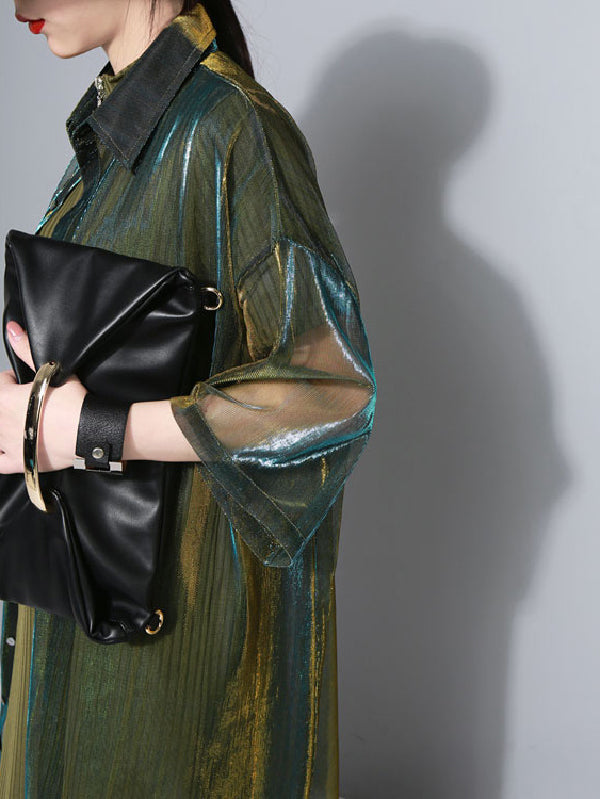 Oversized sheer overshirt with an iridescent finish and short sleeves
