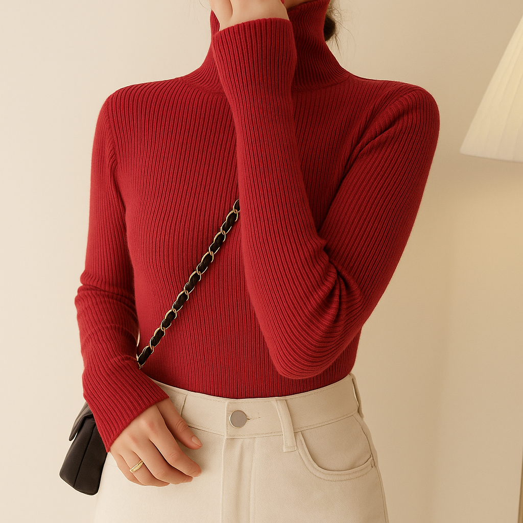 Women's fine ribbed roll neck jumper with a close fit - red