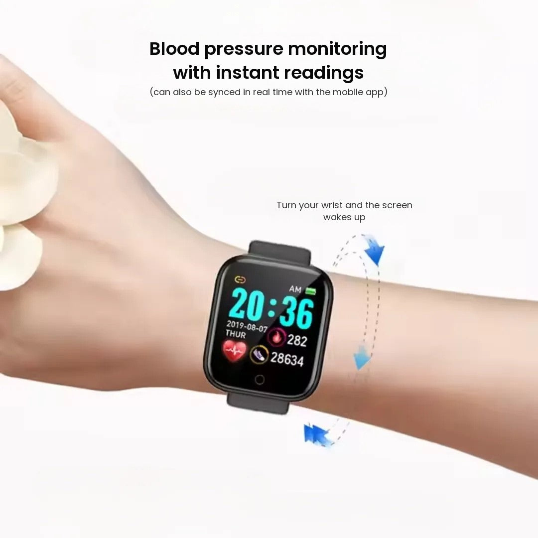 Blood pressure reading on the fitness smartwatch on the wrist