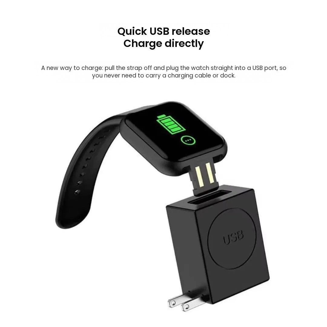 Charging the fitness smartwatch with the USB plug in the strap