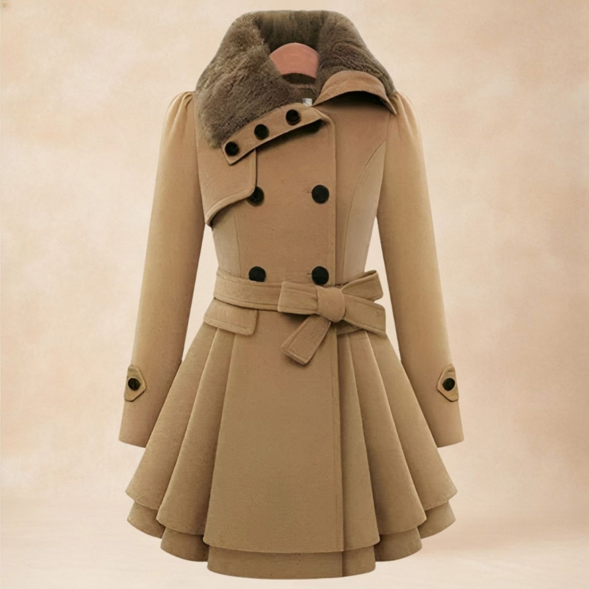 Women's fitted coat with a faux fur collar and flared skirt - camel