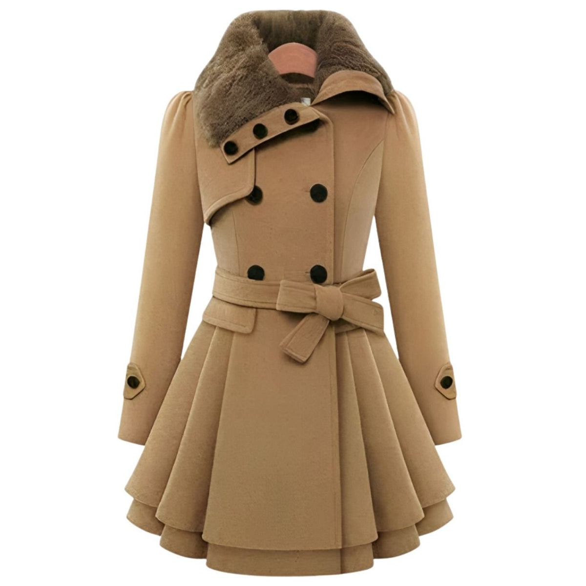 Women's fitted coat with a faux fur collar and flared skirt - camel